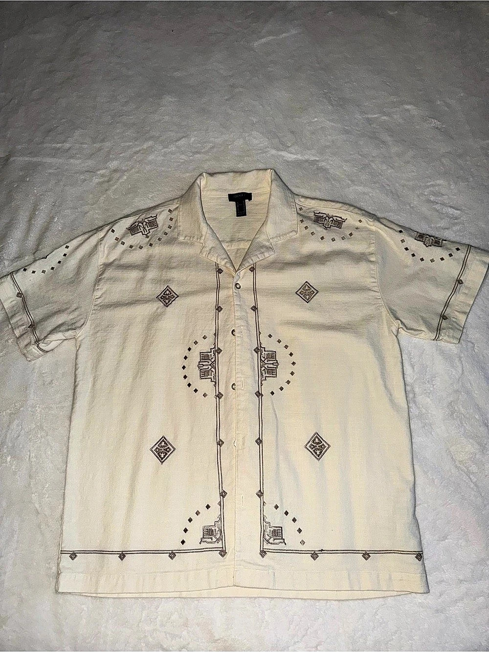 Forever 21 Embroidered Geo Shirt Short Sleeve Cream Medium